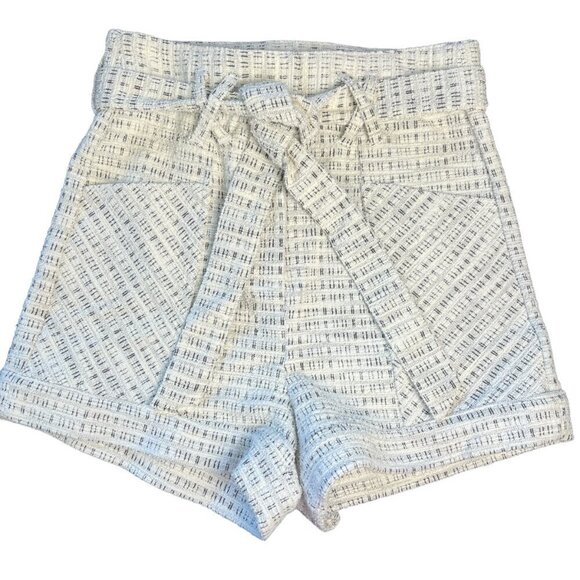 Koko and Mason White Tweed Shorts Cotton High Waist Size M Tie Belt Pockets - Picture 5 of 8